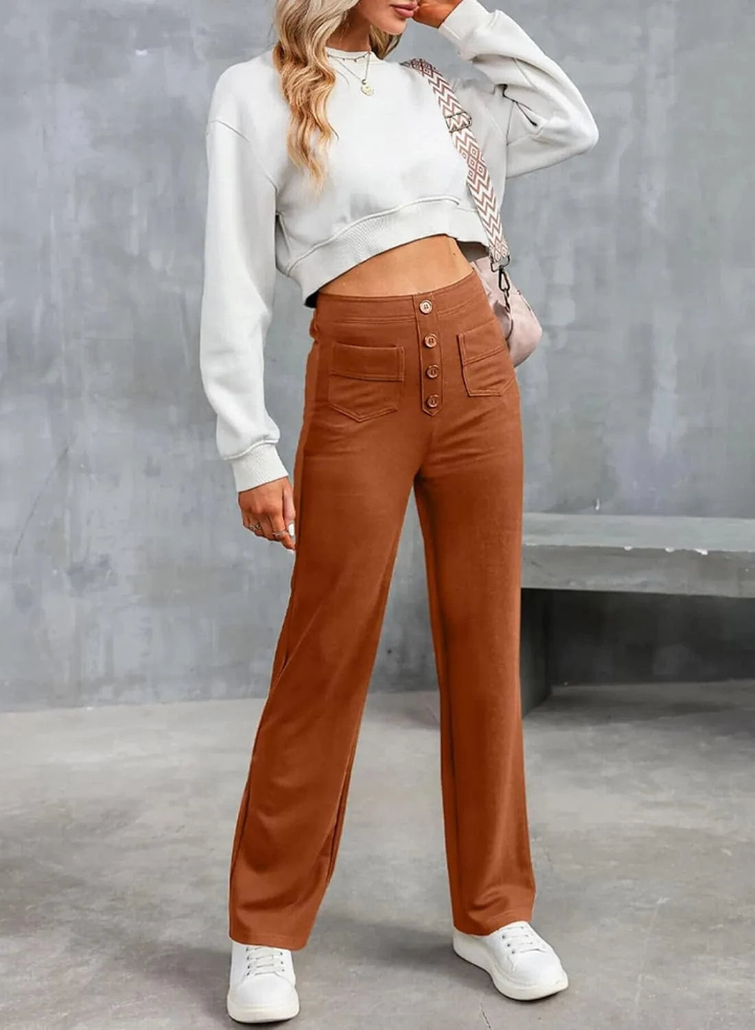 Elastinės laisvalaikio kelnės aukštu juosmeniu-LT