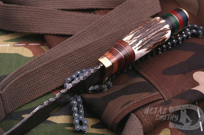 Χειροποίητο μαχαίρι από ατσάλι Δαμασκού, μήκους 15 cm, με λαβή κόρνας.-GR