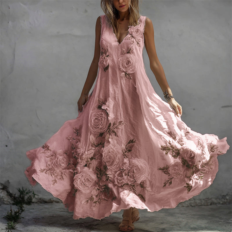 Vestido largo vintage de lino con estampado de rosas blancas-ES