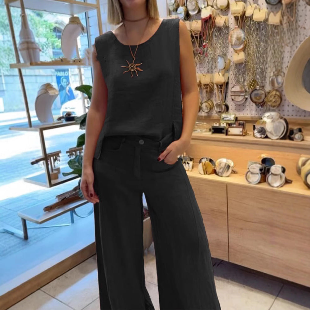 Conjunto de pantalón sin mangas de algodón y lino de color liso-ES