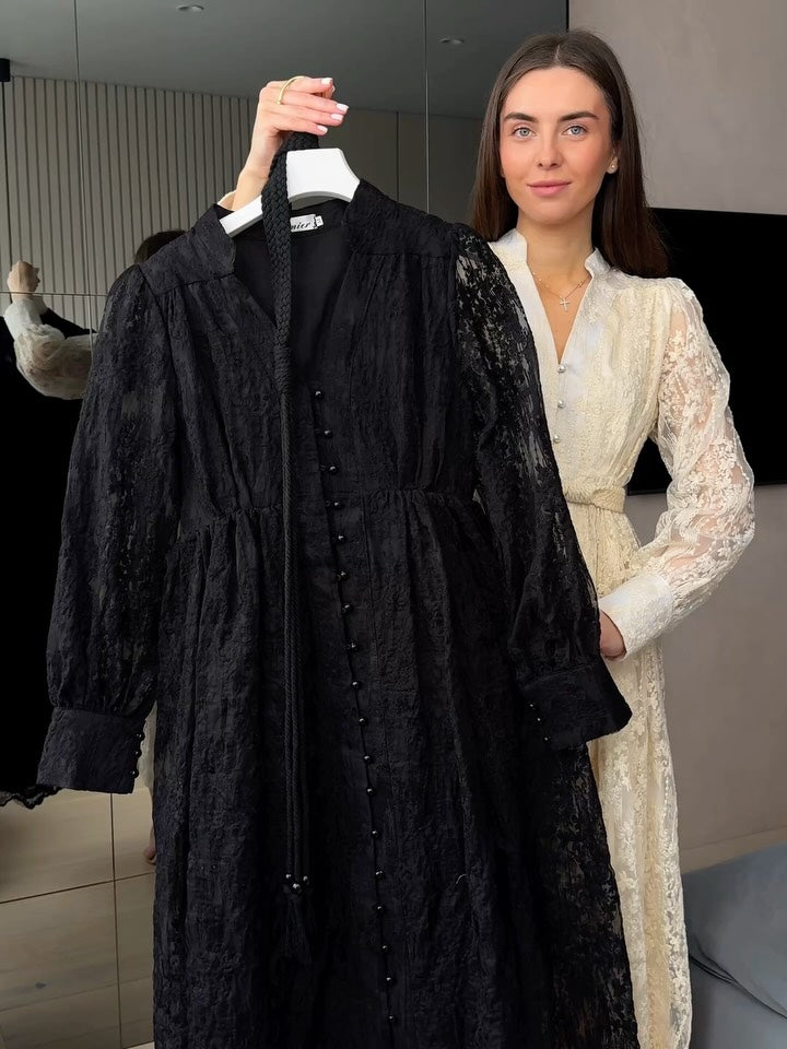 Ženska obleka z V-izrezom, bogato vezena-SI