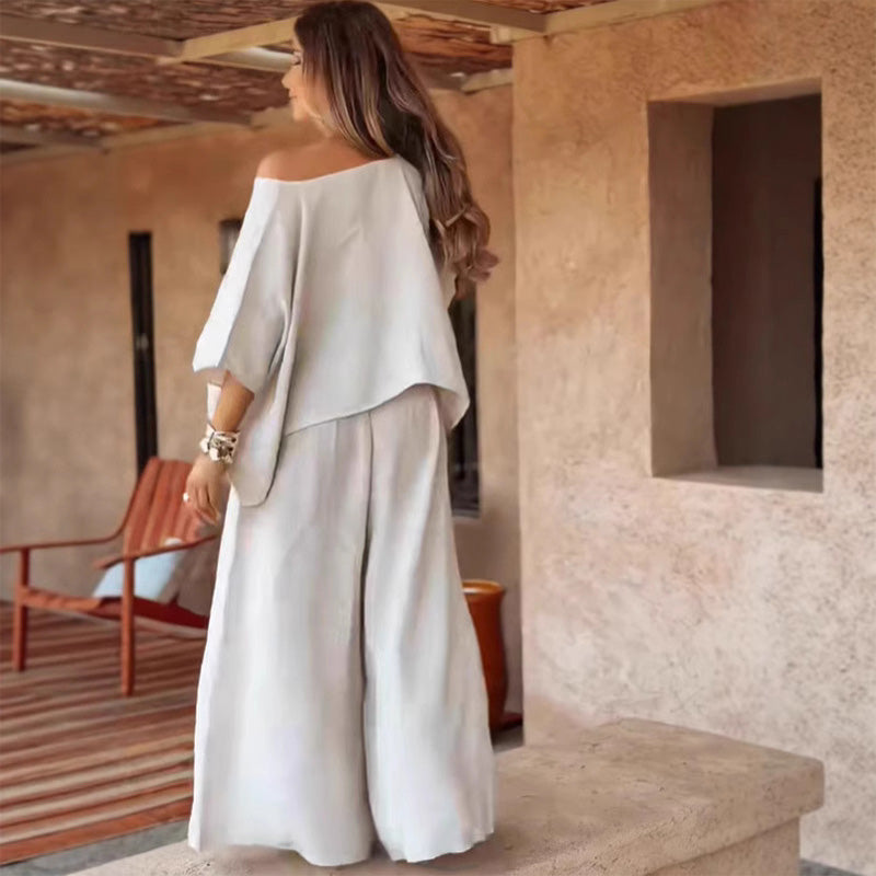 ⏳Oferta especial por tiempo limitado💕 Conjunto de dos piezas para mujer con top con hombros descubiertos y pantalón ancho-ES