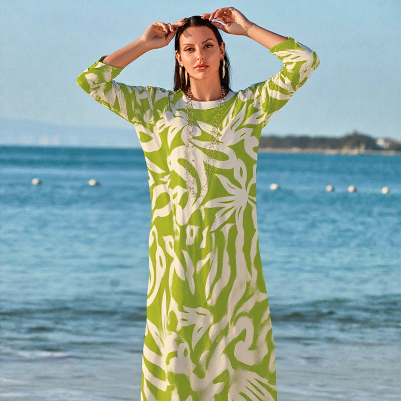 🌼Elegantna, ohlapna, vzorčasta ženska obleka z okroglim izrezom-SI