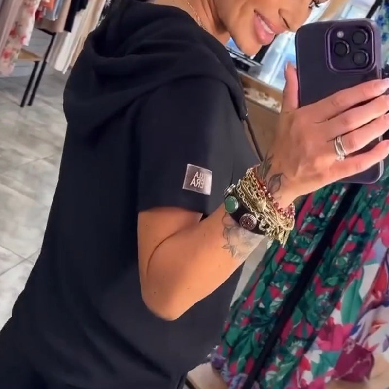 Blusa con cuello en V y capucha, manga corta, pantalón, conjunto de dos piezas-ES