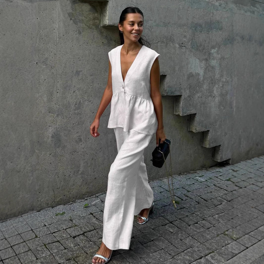 Moteriškas dviejų dalių komplektas iš vientisos medvilnės, V formos iškirptė, be rankovių, palaidinė ir kelnės-LT