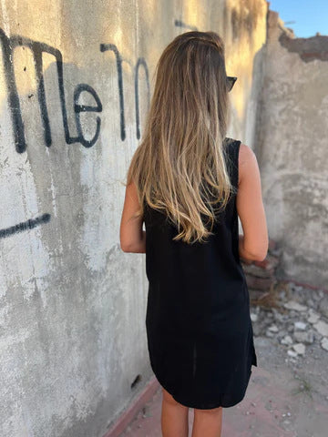 Ženska enobarvna bombažna in lanena obleka-SI