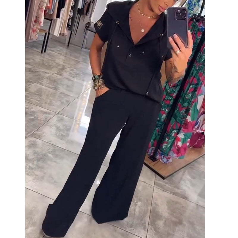 Blusa con cuello en V y capucha, manga corta, pantalón, conjunto de dos piezas-ES