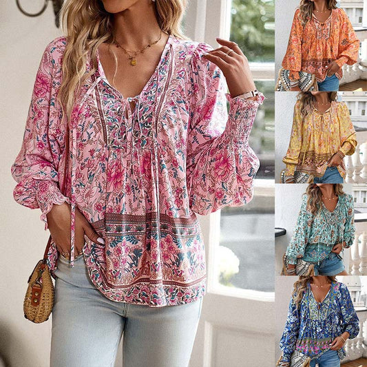 【S-2XL】🌺Camiseta estampada de manga larga con cuello en V para mujer-ES