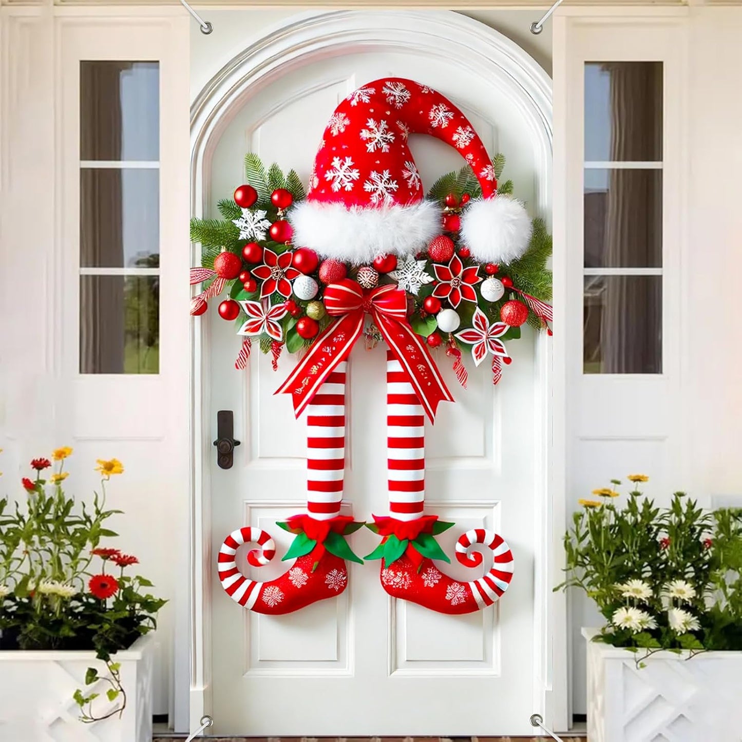 Pancarta navideña con piernas de elfo en la puerta.-ES