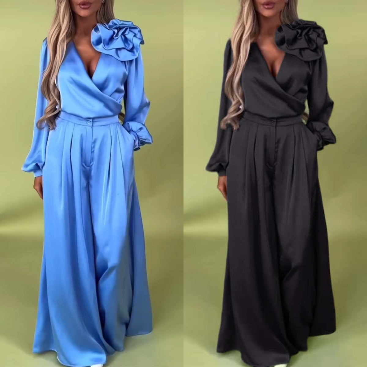 Πολυτελές σετ με σατέν πουκάμισο και φαρδύ παντελόνι-GR