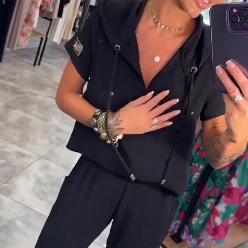 Blusa con cuello en V y capucha, manga corta, pantalón, conjunto de dos piezas-ES
