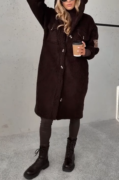 Ženski pleteni plašč s kapuco in dolgimi rokavi, z gumbi, topel krznen plašč-SI