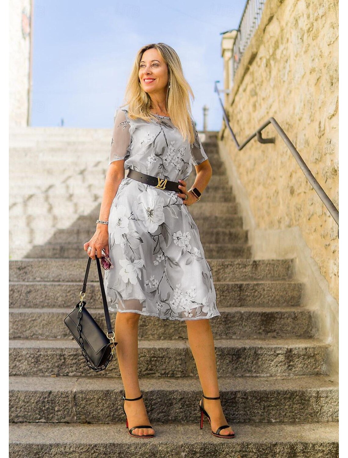 Gėlių rašto tinklinio audinio suknelė su apvaliu kaklu-LT