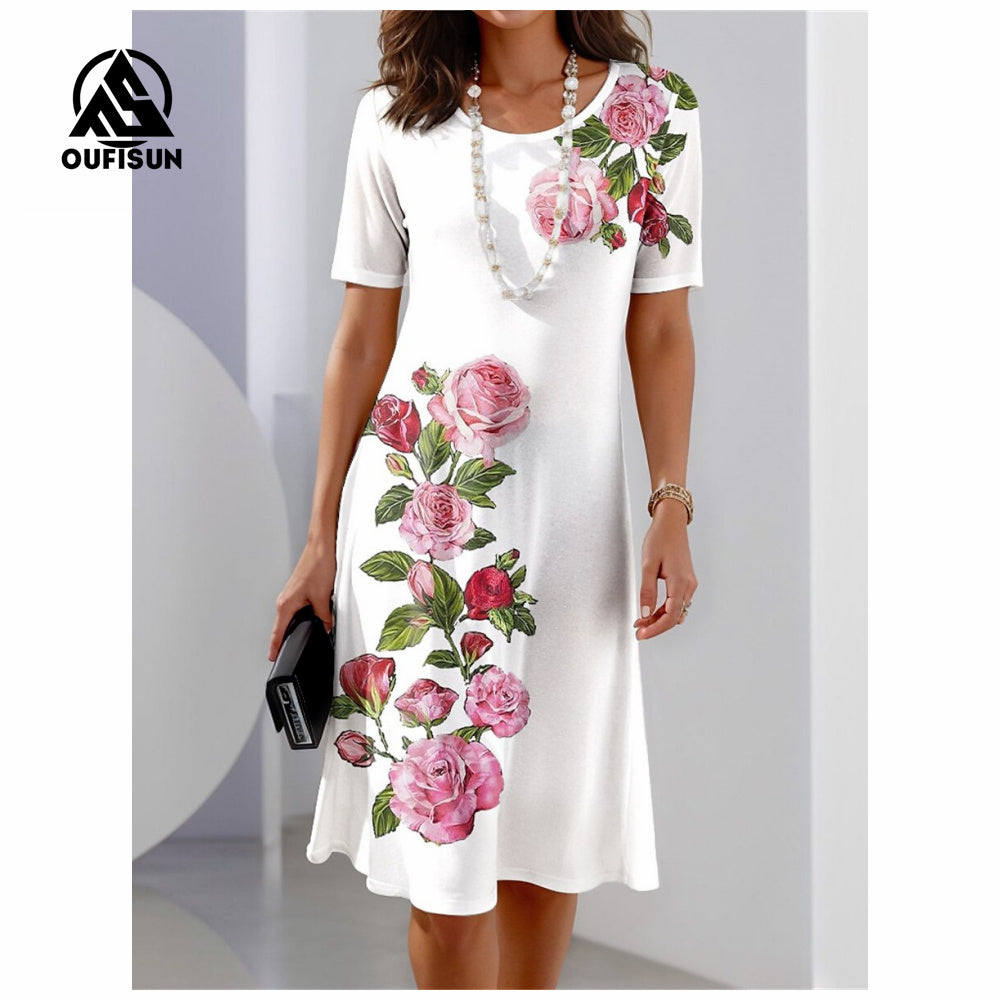 Μόδα φλοράλ στάμπα με κοντό μανίκι μάξι φορέματα πεταλούδα λουλουδάτο μακρύ φόρεμα-GR