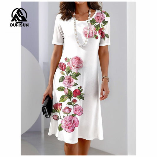 Μόδα φλοράλ στάμπα με κοντό μανίκι μάξι φορέματα πεταλούδα λουλουδάτο μακρύ φόρεμα-GR