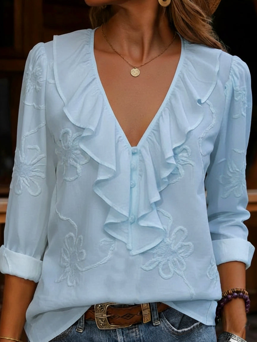 Camisa vintage con cuello en V y volantes con flores bordadas-ES