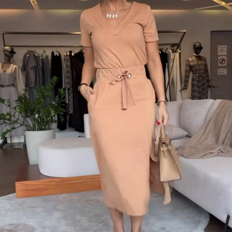 💥Ženski komplet majica z V izrezom in midi krilo👗-SI