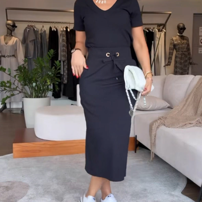 💥Conjunto de camiseta con cuello en V y falda midi para mujer👗-ES
