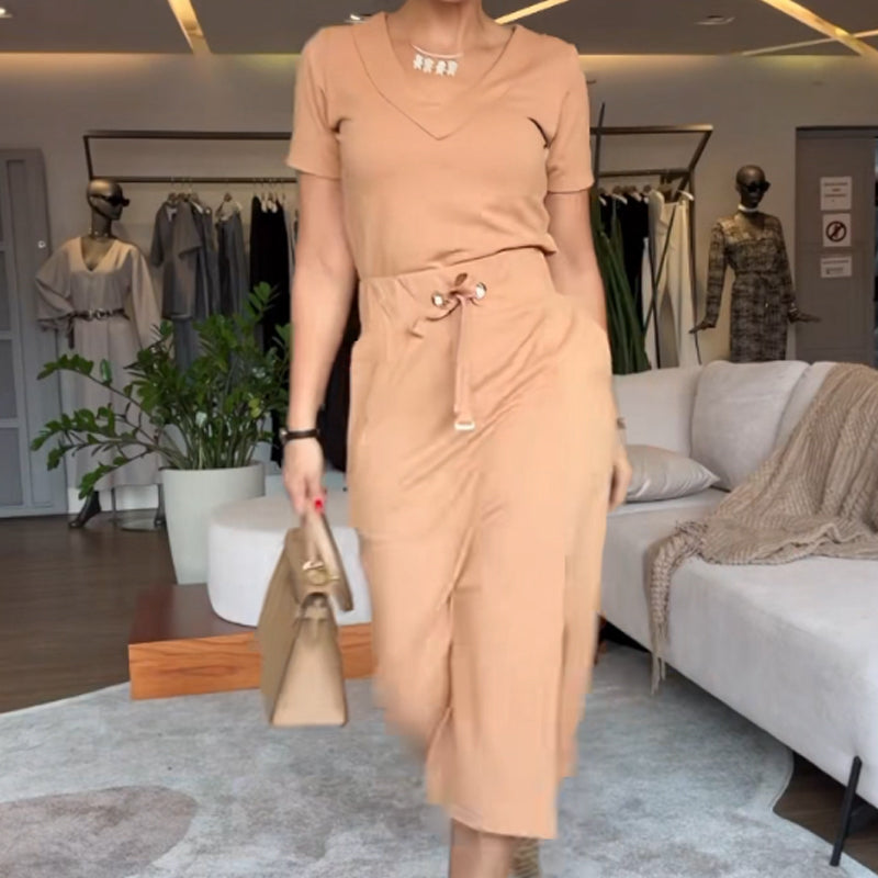 💥Ženski komplet majica z V izrezom in midi krilo👗-SI