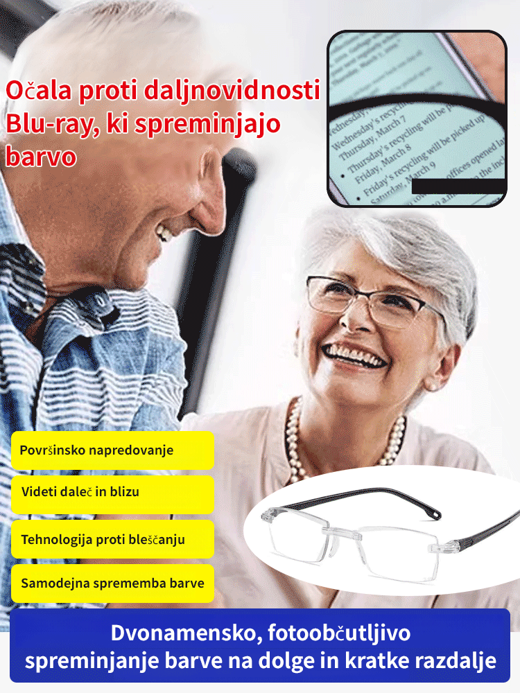 Spremenljiva očala proti modri svetlobi za branje