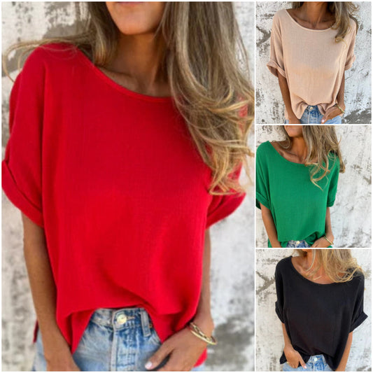 Top de manga corta con cuello redondo en color liso-ES