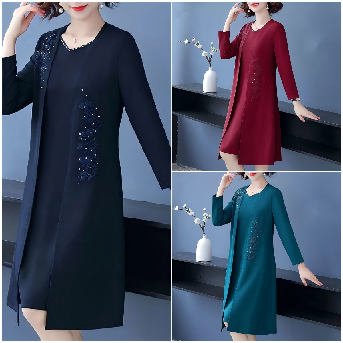 Elegante conjunto de dos piezas para mujer con chaqueta y vestido.-ES