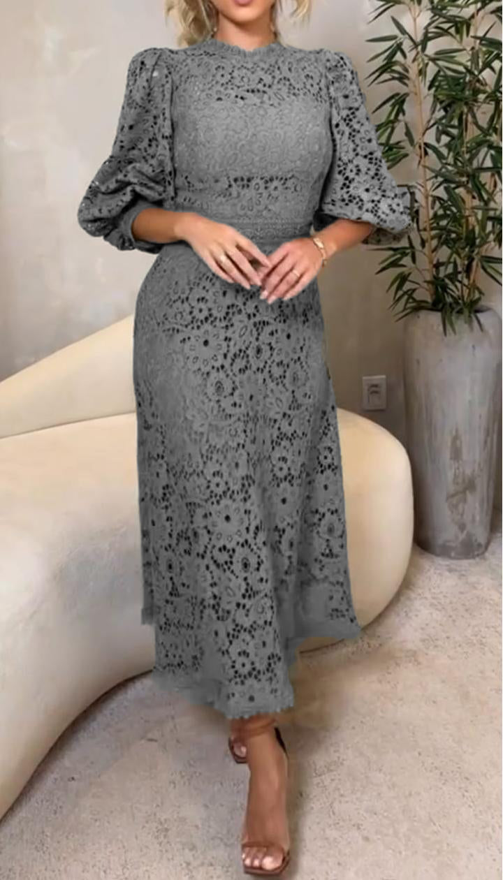 Vestido de encaje para mujer con escote redondo y mangas de estilo veraniego.-ES