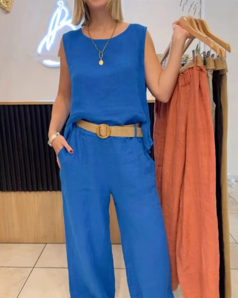 Conjunto de pantalón sin mangas de algodón y lino de color liso-ES