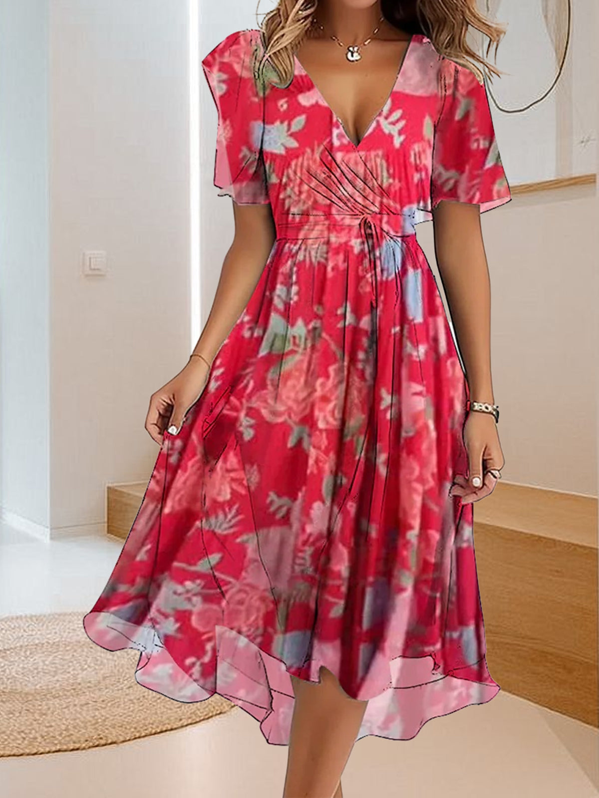 Jednostavna ležerna haljina s V-izrezom i printom-HR