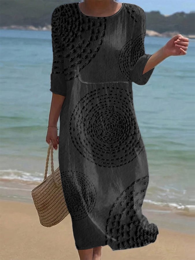 Moteriška laisvalaikio vientisa spalva apvaliu kaklu vidutinio ilgio rankovėmis gėlėta medvilnės ir lino suknelė-LT