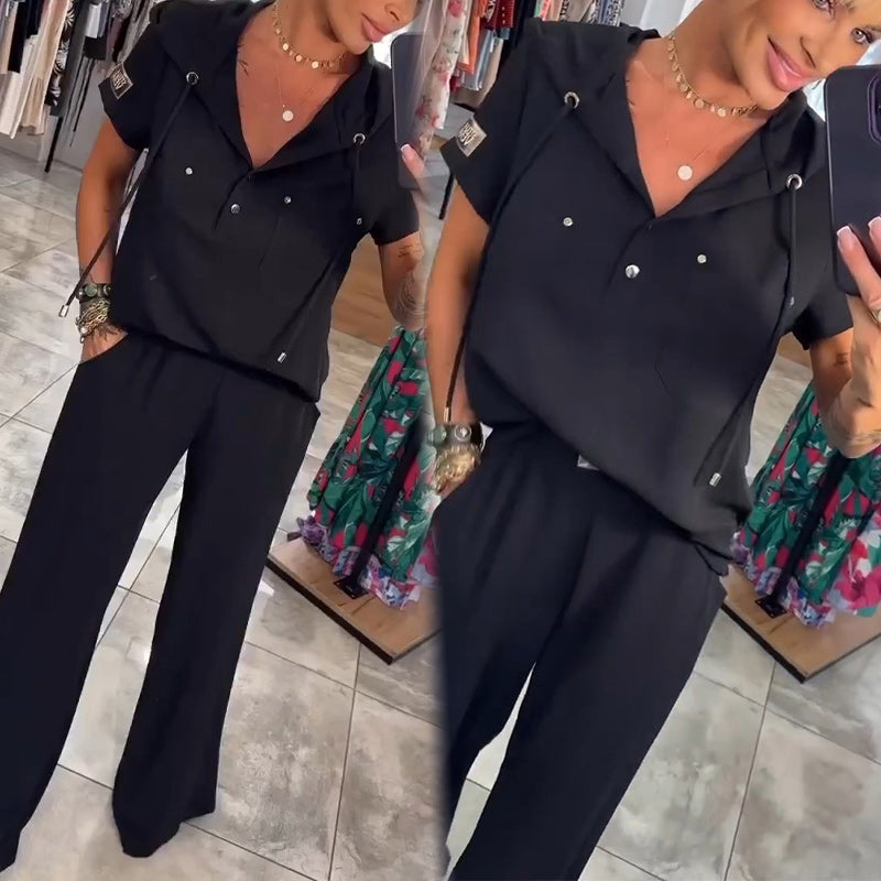 Blusa con cuello en V y capucha, manga corta, pantalón, conjunto de dos piezas-ES