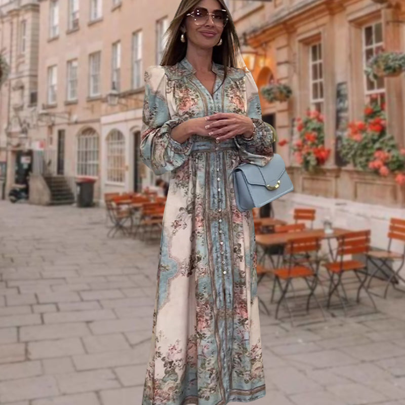 Elegantiška suknelė su V formos iškirpte, aukštu liemeniu, gėlių raštu ir sagomis-LT