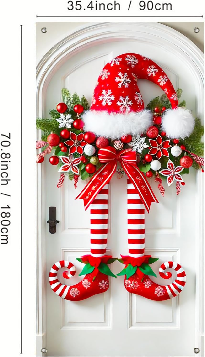 Pancarta navideña con piernas de elfo en la puerta.-ES