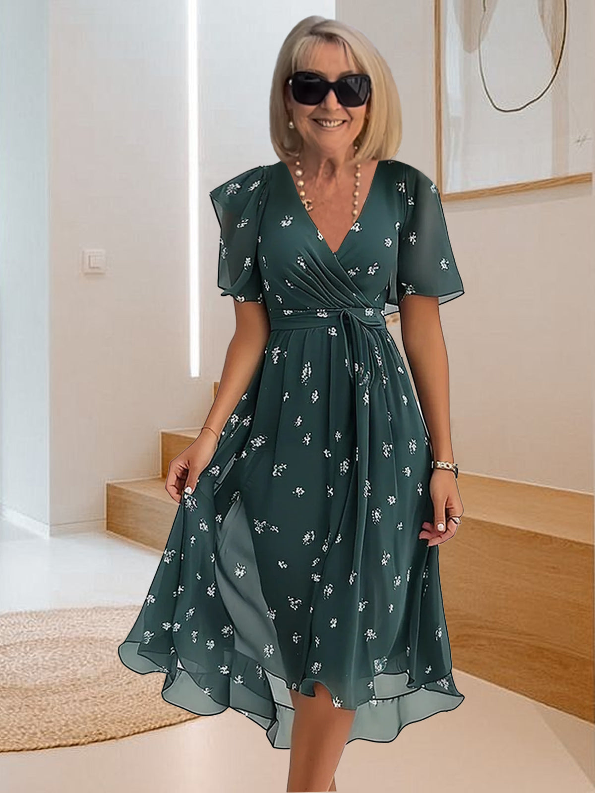 Jednostavna ležerna haljina s V-izrezom i printom-HR