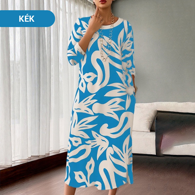 🌼Elegantna, ohlapna, vzorčasta ženska obleka z okroglim izrezom-SI