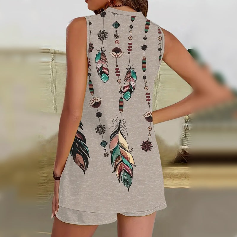 【L-4XL】🌸Dvodelni komplet brez rokavov s potiskom in V-izrezom-SI