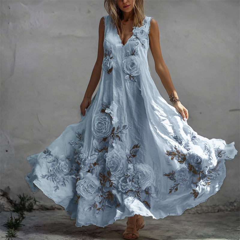 Vestido largo vintage de lino con estampado de rosas blancas-ES