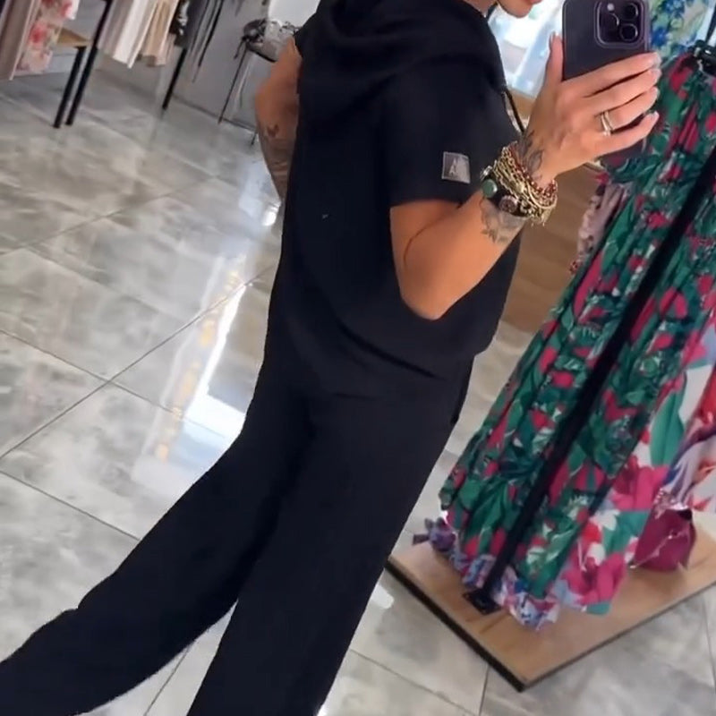 Blusa con cuello en V y capucha, manga corta, pantalón, conjunto de dos piezas-ES