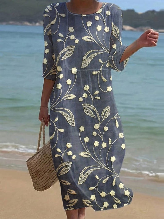 Moteriška vienspalvė apvali kaklo pusė gėlėto medvilnės ir lino suknelė-LT