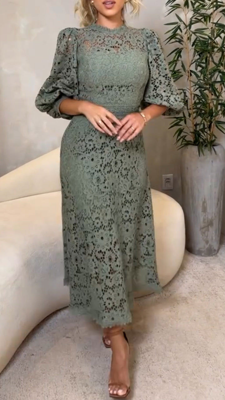 Vestido de encaje para mujer con escote redondo y mangas de estilo veraniego.-ES