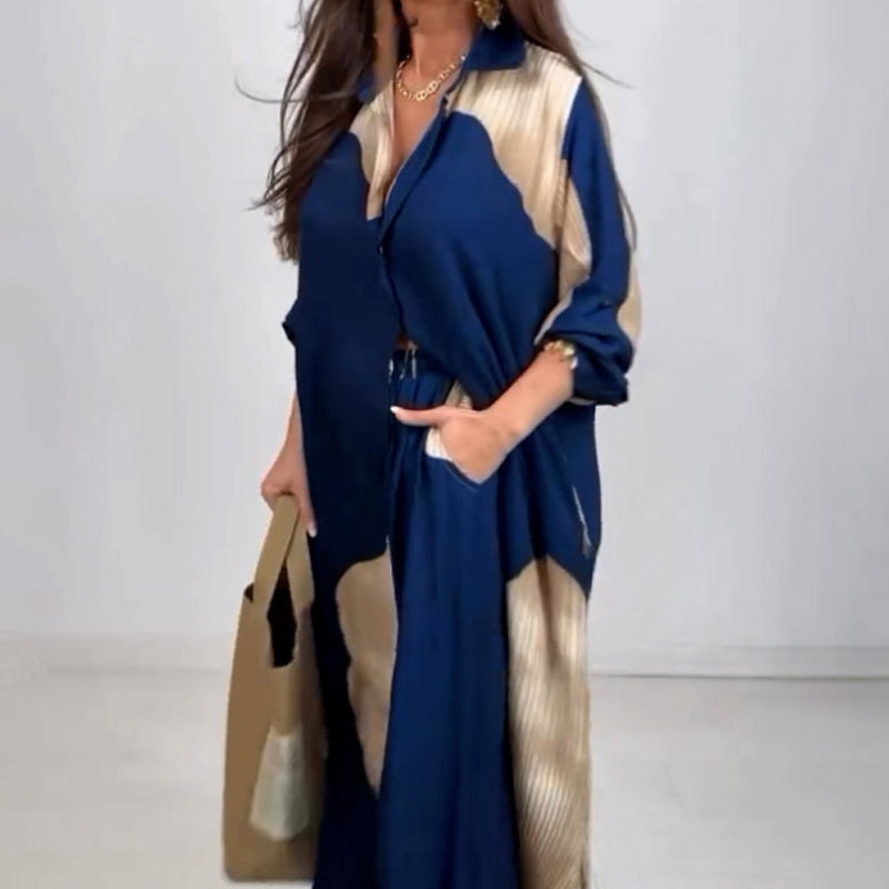 🌼Μακρύ πουκάμισο με στριφτό κουμπί και σετ παντελόνι με κορδόνι-GR