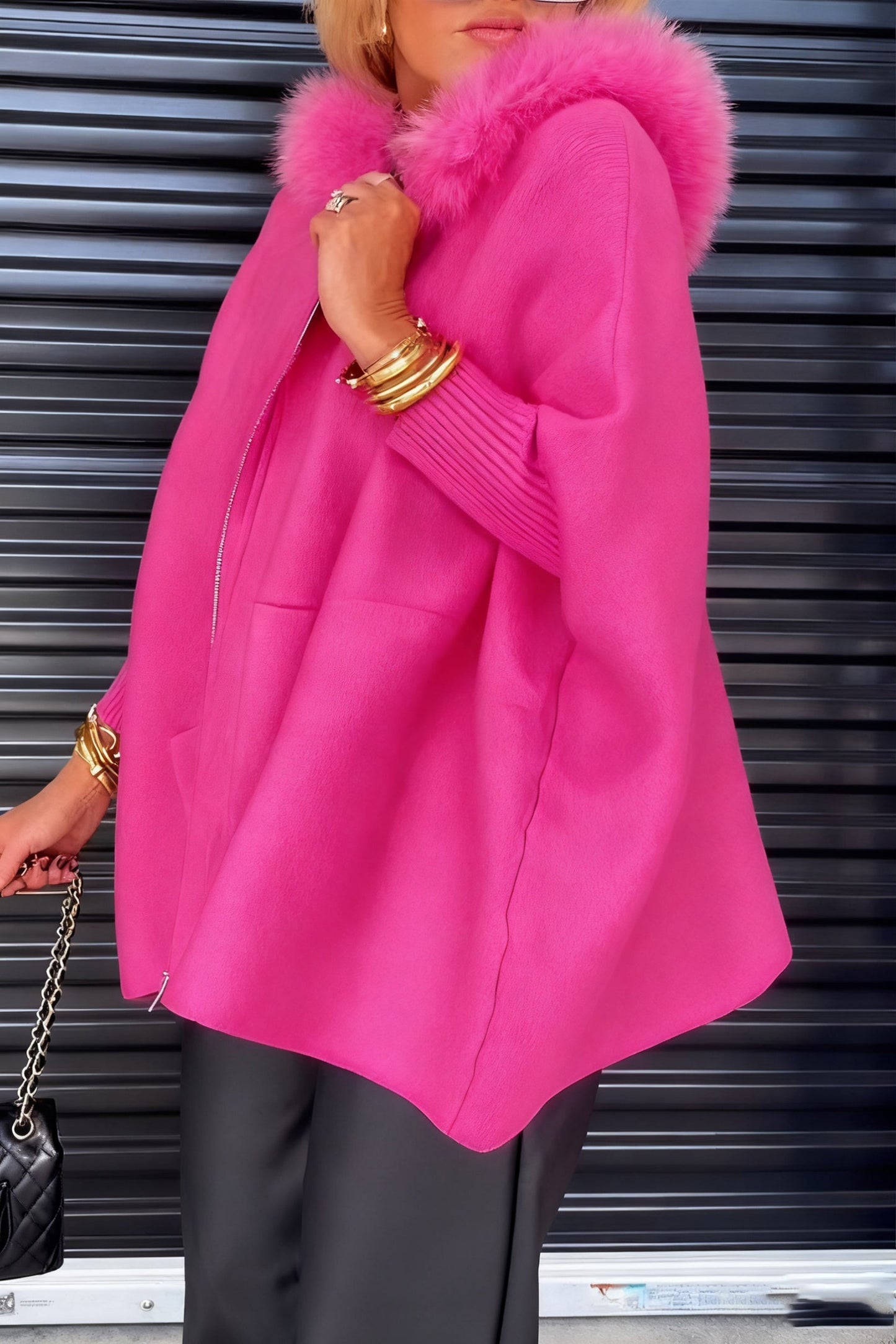 Γυναικείο casual μπουφάν με μονόχρωμο γούνινο γιακά-GR