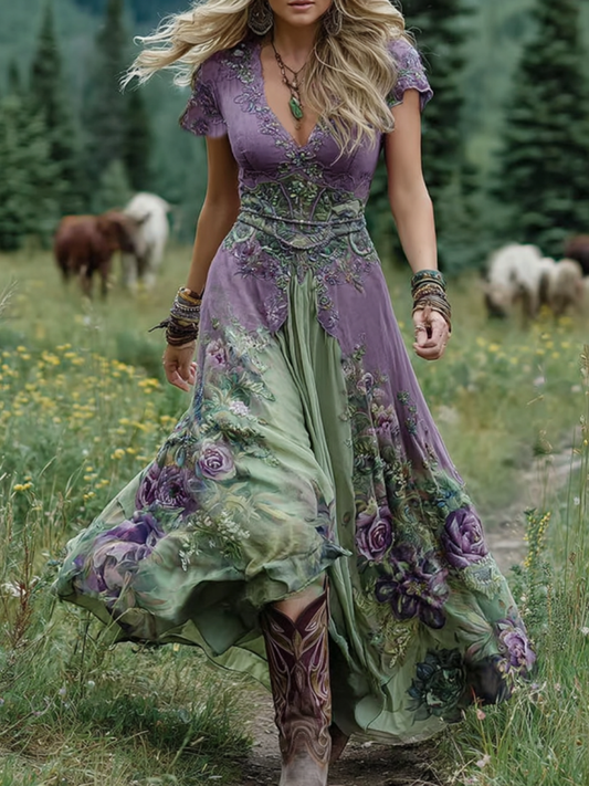 Elegante vestido largo corto en tonos morados y lavanda con estampado floral.-ES