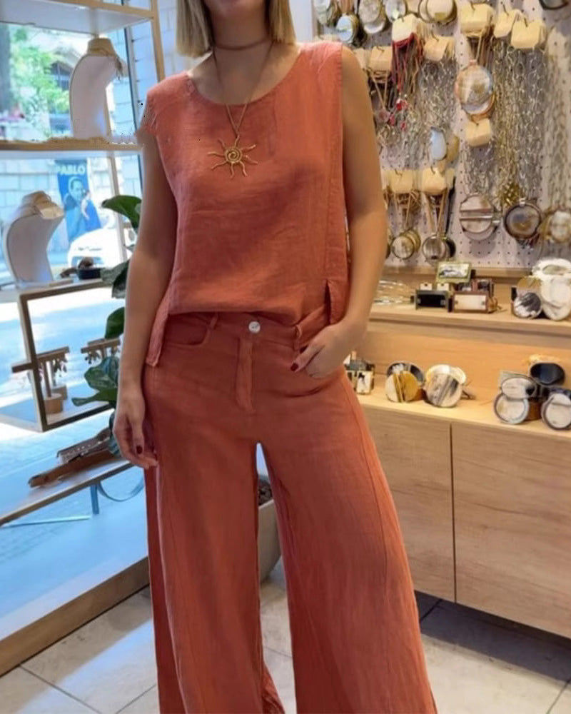 Conjunto de pantalón sin mangas de algodón y lino de color liso-ES
