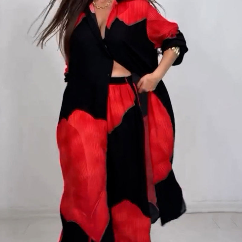 🌼Μακρύ πουκάμισο με στριφτό κουμπί και σετ παντελόνι με κορδόνι-GR