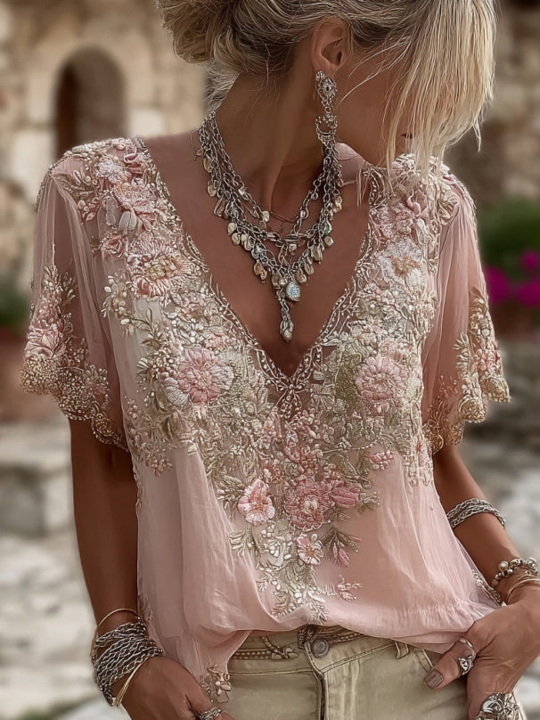 Moteriški trumpų rankovių V formos iškirptės marškinėliai su gėlių siuvinėjimu, pagaminti iš lino mišinio-LT