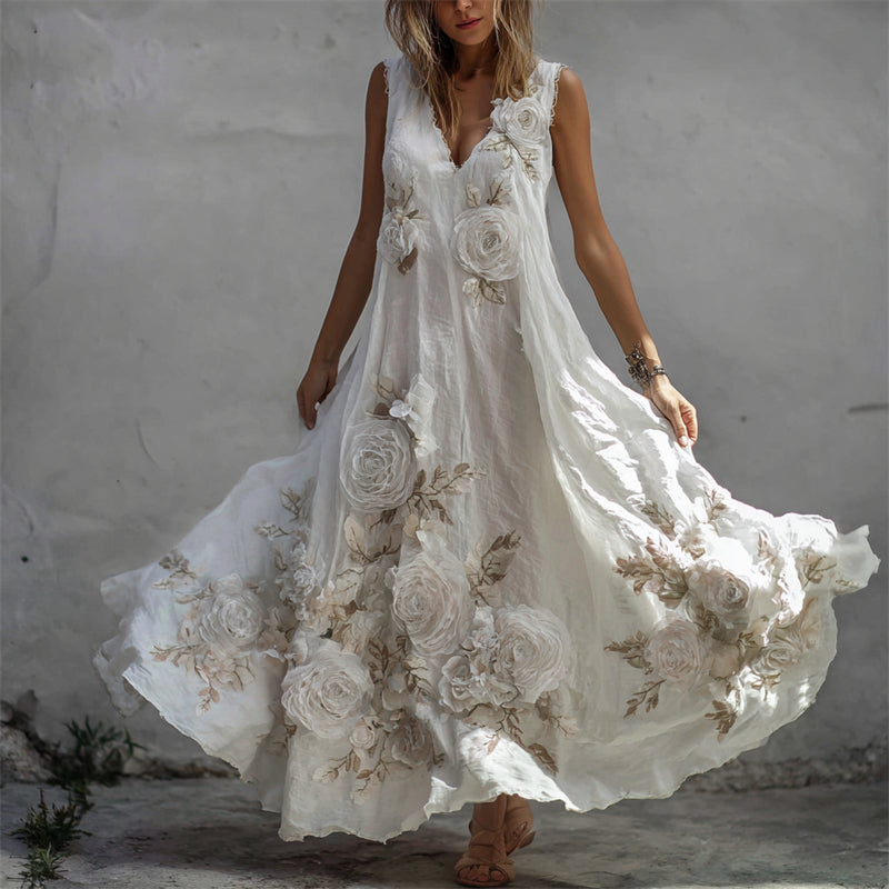 Vestido largo vintage de lino con estampado de rosas blancas-ES