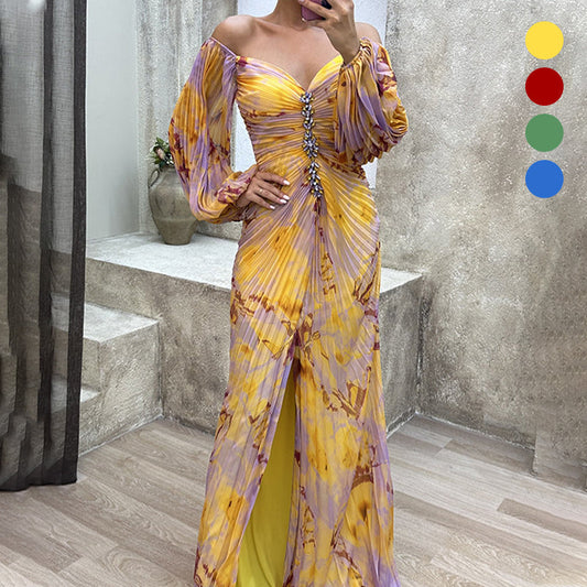 ✨【Slimming Wizard】Γυναικείο φόρεμα χωρίς τιράντες✨ | Ελκυστικός σχεδιασμός χωρίς στράπλες | Πλισέ λεπτομέρειες | Σχισμή με κοψίματα, άνετα μακριά μανίκια-GR