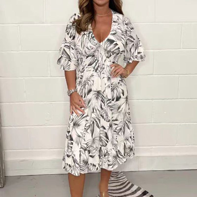 👗✨ Vestidos elegantes de cuello en V para mujer con estampado botánico-ES