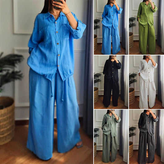 Medvilninis ir lininis viršus su raišteliu ir medvilninės bei lininės kelnės-LT